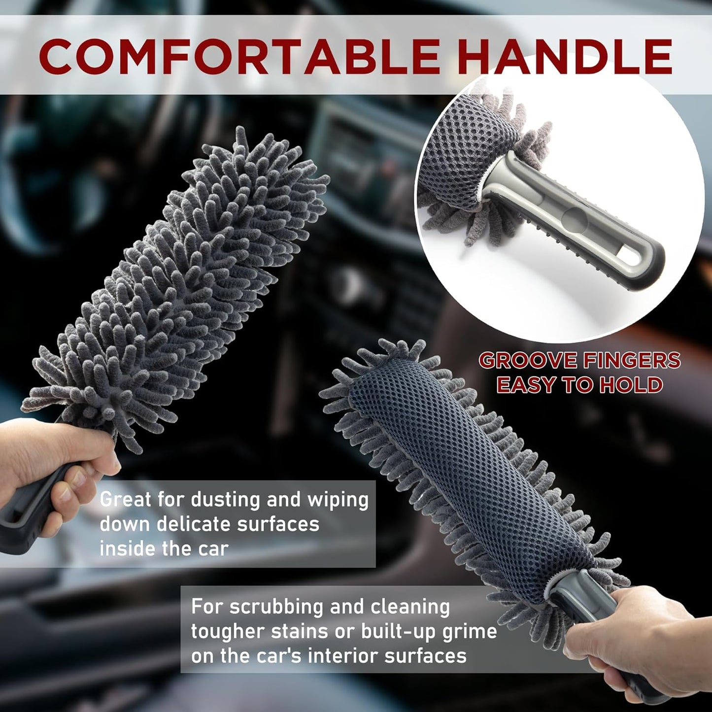 TAKAVU Car Duster Interior - Double-Sided Microfiber with Comfort Handle - Lint & Scratch-Free