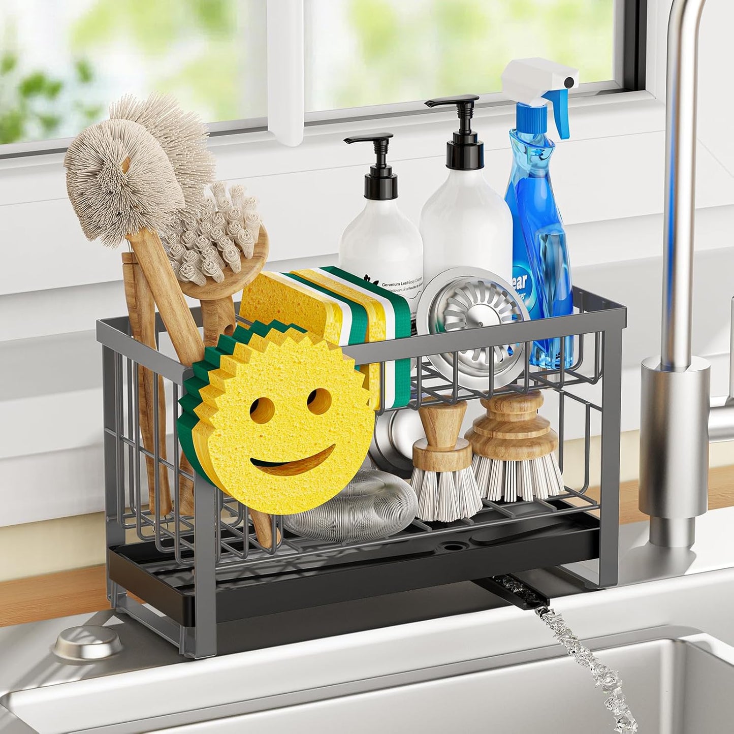 Sponge Holder for Kitchen Sink with Flexible Sink Caddy Smiley Face,2 Tier Kitchen Sponge Holder