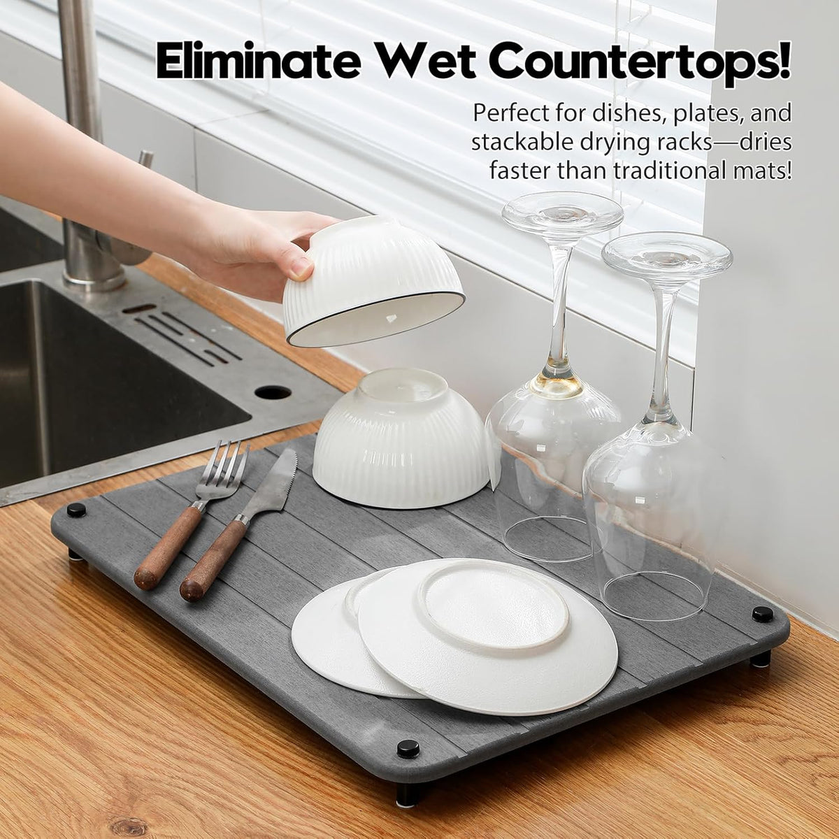 Stone Dish Drying Mat for Kitchen Counter, Water Absorbing Bathroom Tray Sink Organizer