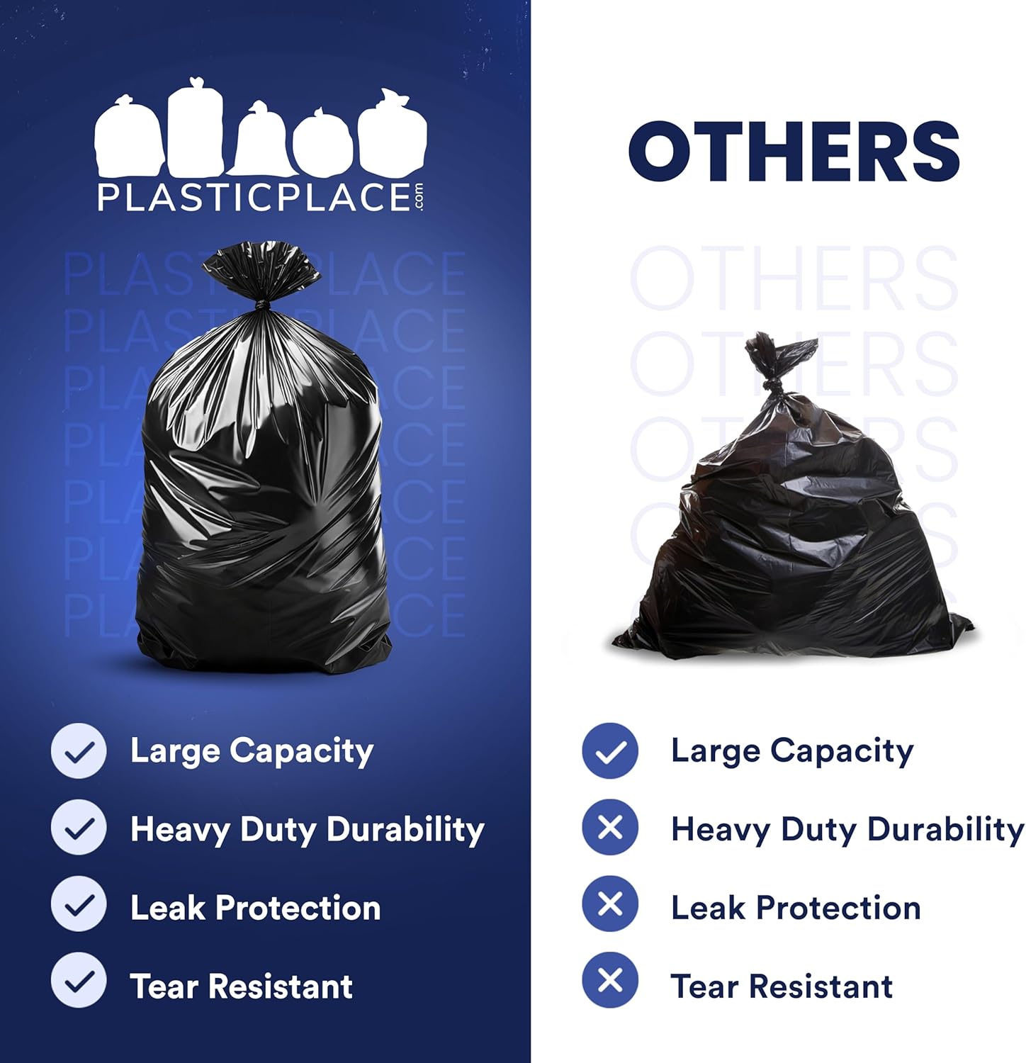 Plasticplace 55-60 Gallon Trash Bags │ 1.0 Mil │ Black Heavy Duty Garbage Can Liners │ 38” x 58”