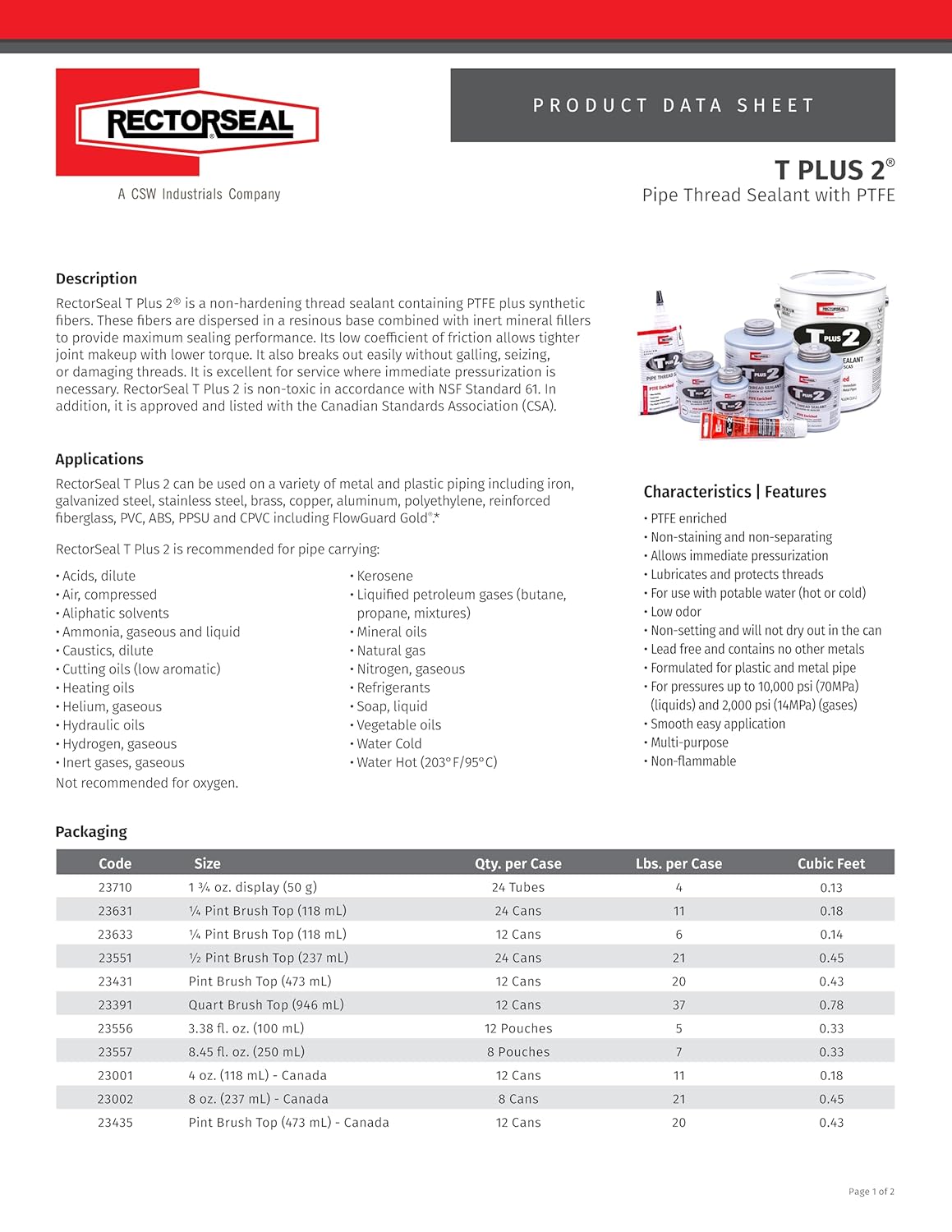 Rectorseal 23391 Quart Brush Top T Plus 2 Pipe Thread Sealant