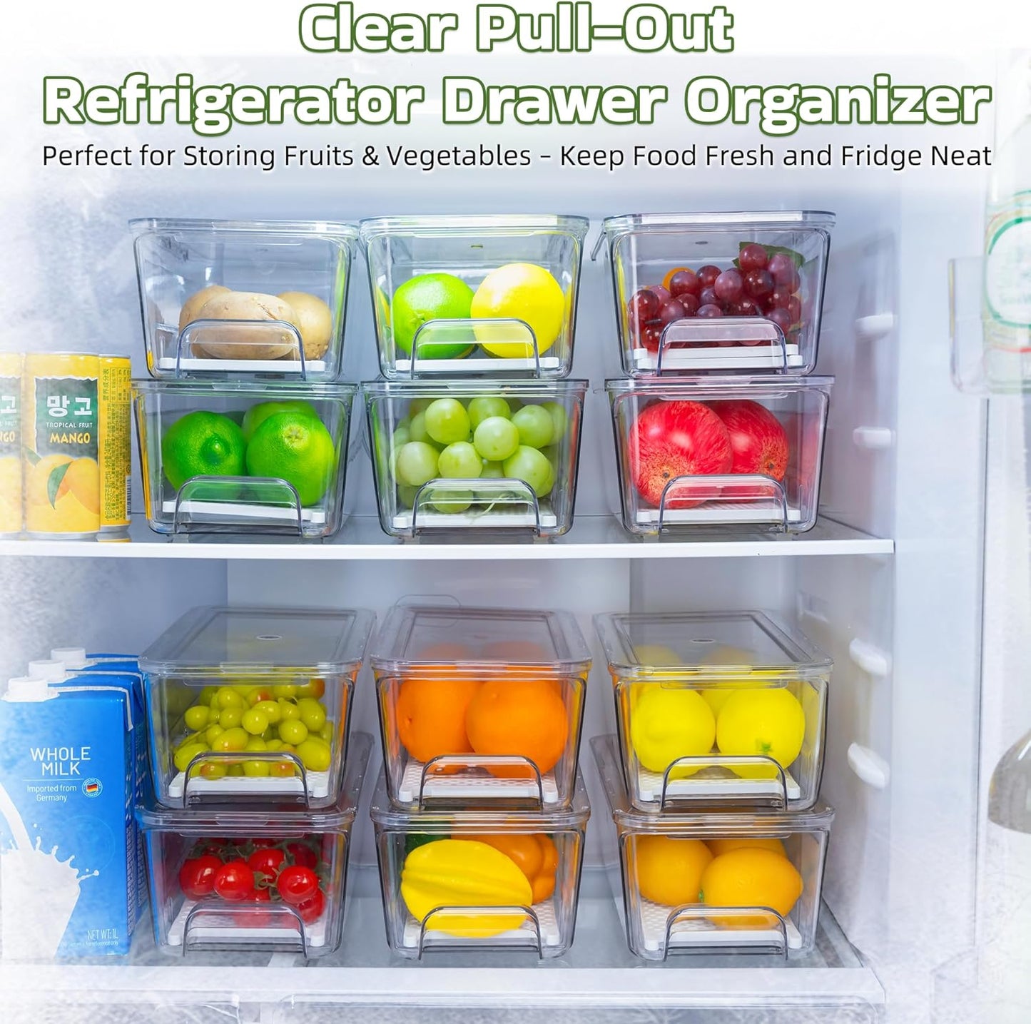 4 Pack Fridge Organizer Drawers, Stackable Pantry Organizers and Storage, Clear Pull-Out