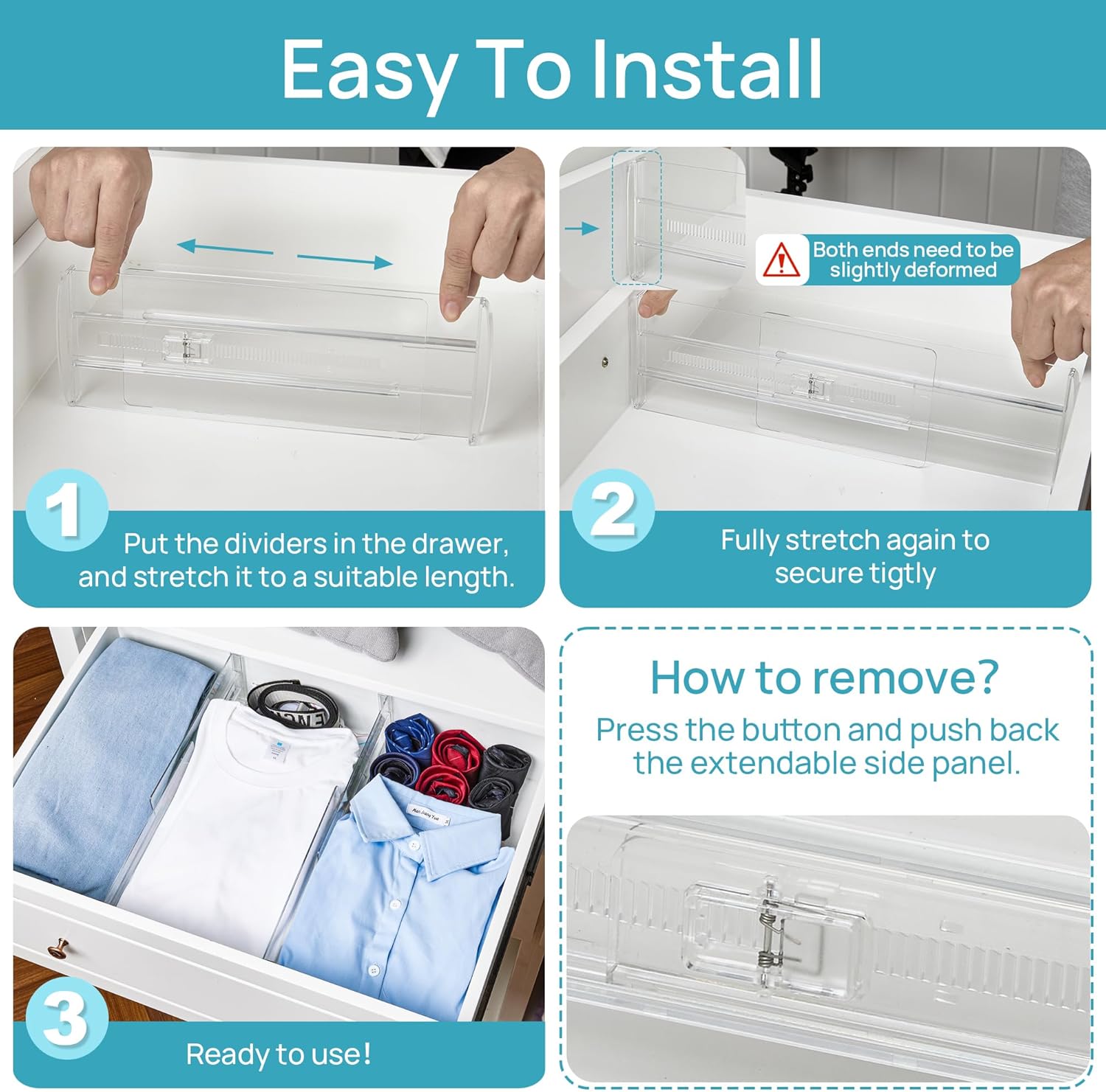 Vtopmart 8 Pack Drawer Dividers for Clothes, 4" High 10.2"-16.6" Adjustable Expandable Dresser