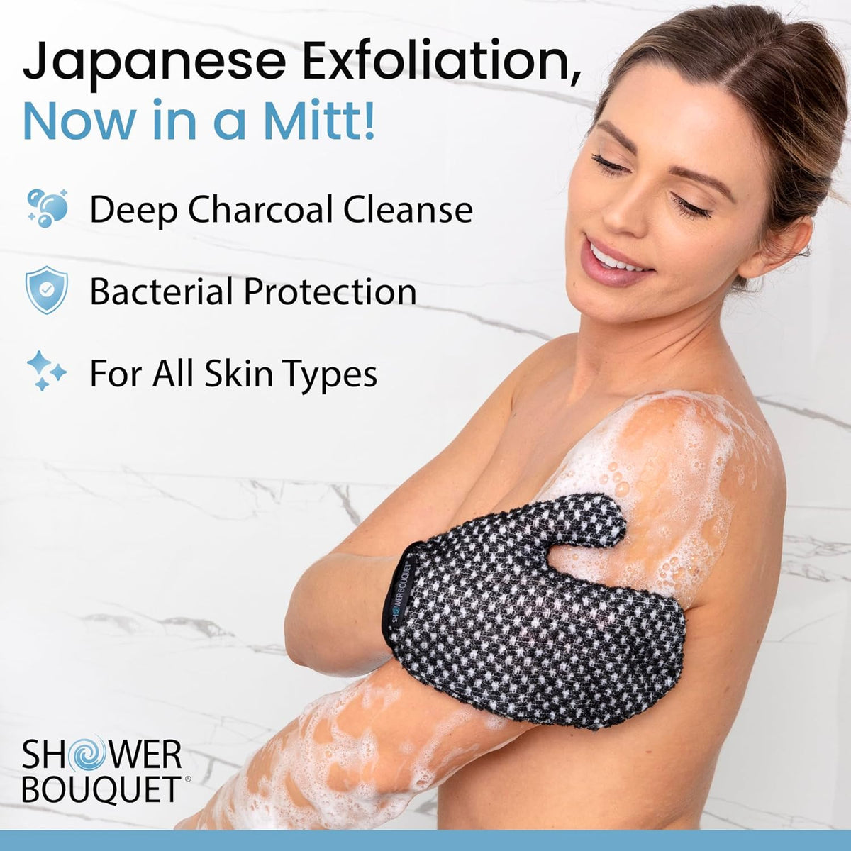 Japanese Exfoliating Mitt for Shower [1-Pack, White] - Charcoal & Silver Ion Exfoliating Glove
