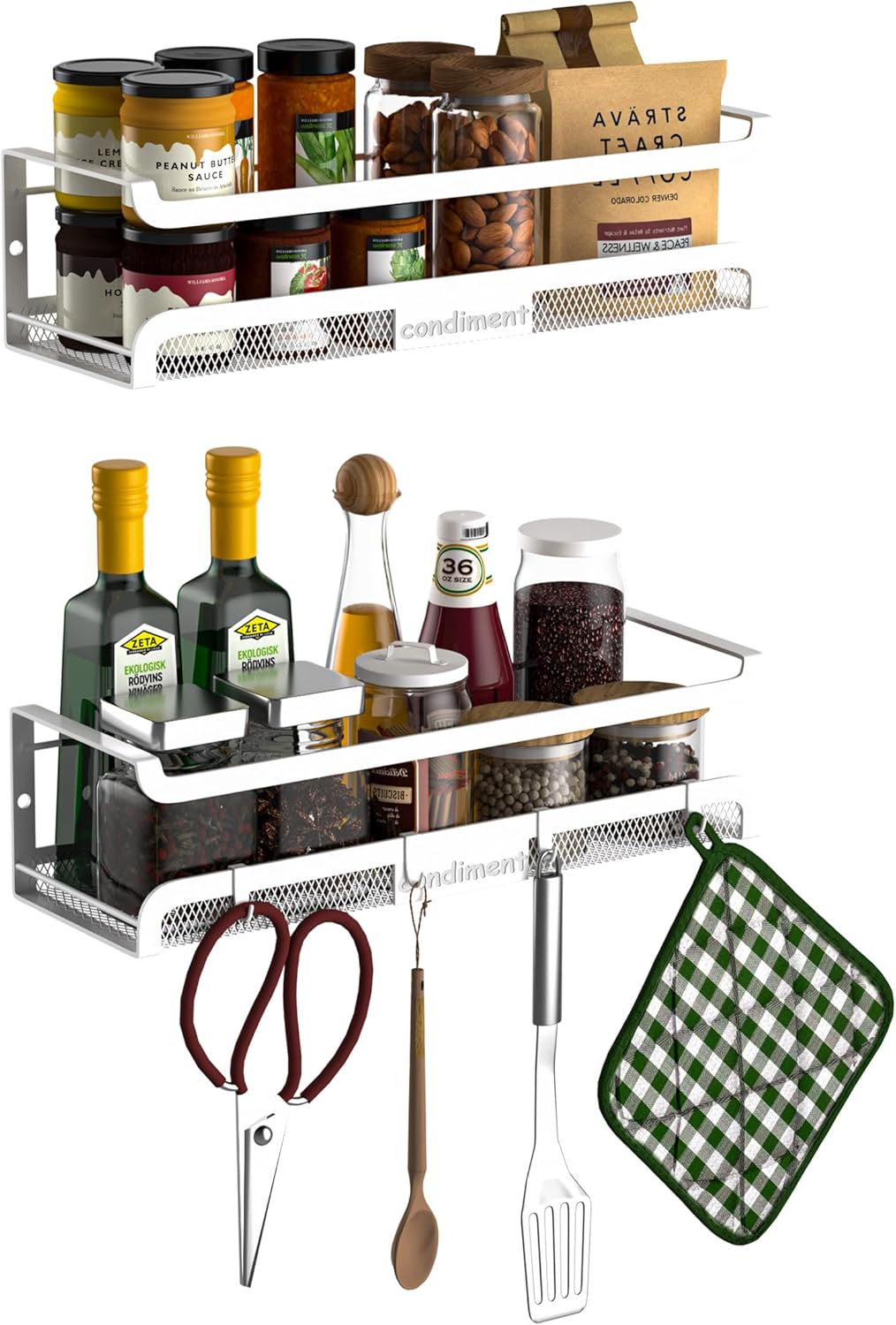 Spice Rack Wall Mount with Hooks - Spice Racks Organizer for Cabinet Storage, Wall Mounted Hanging
