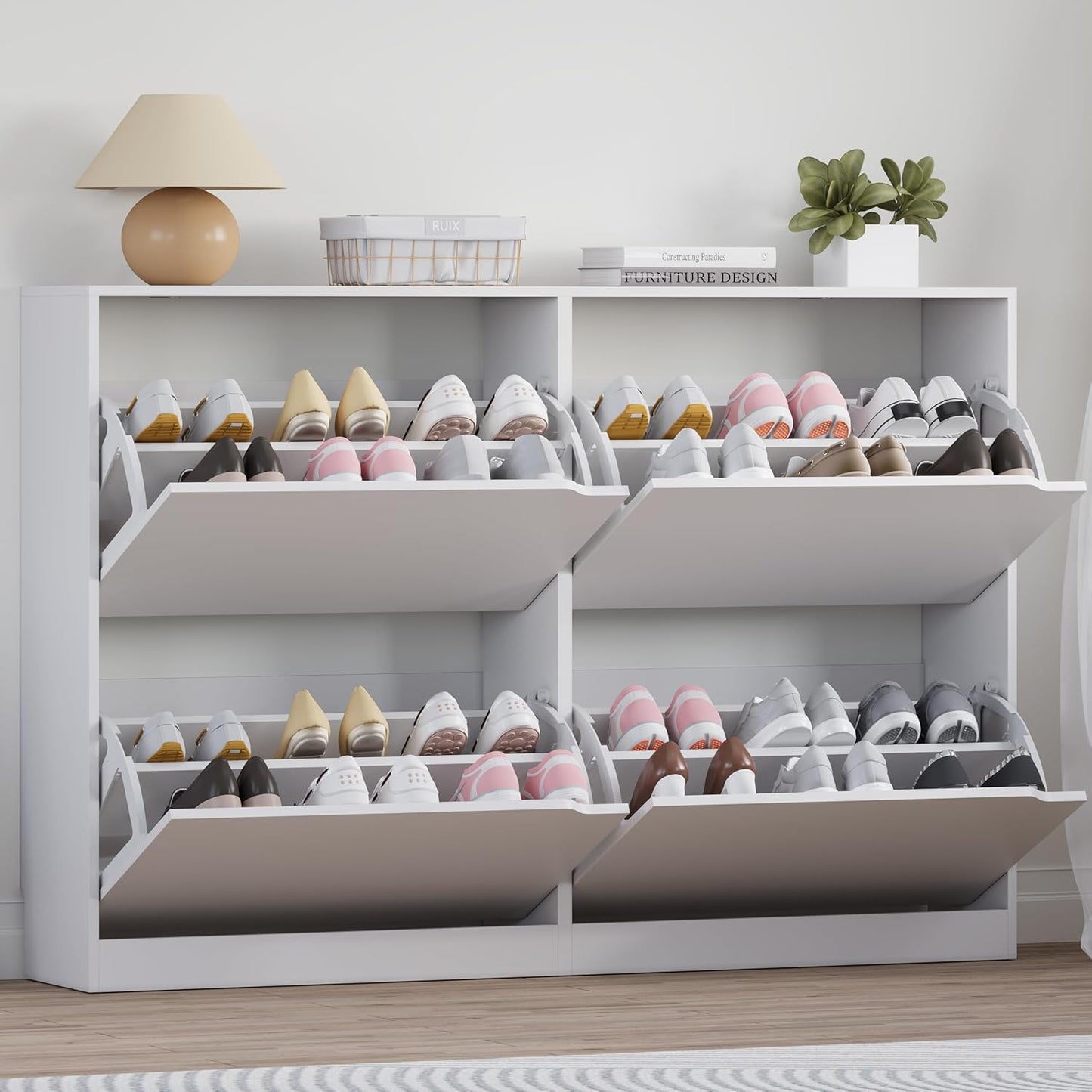 Shoe Cabinet with 4 Flip Drawers, Narrow Hidden Shoe Storage Cabinet, Slim Freestanding Shoe Rack