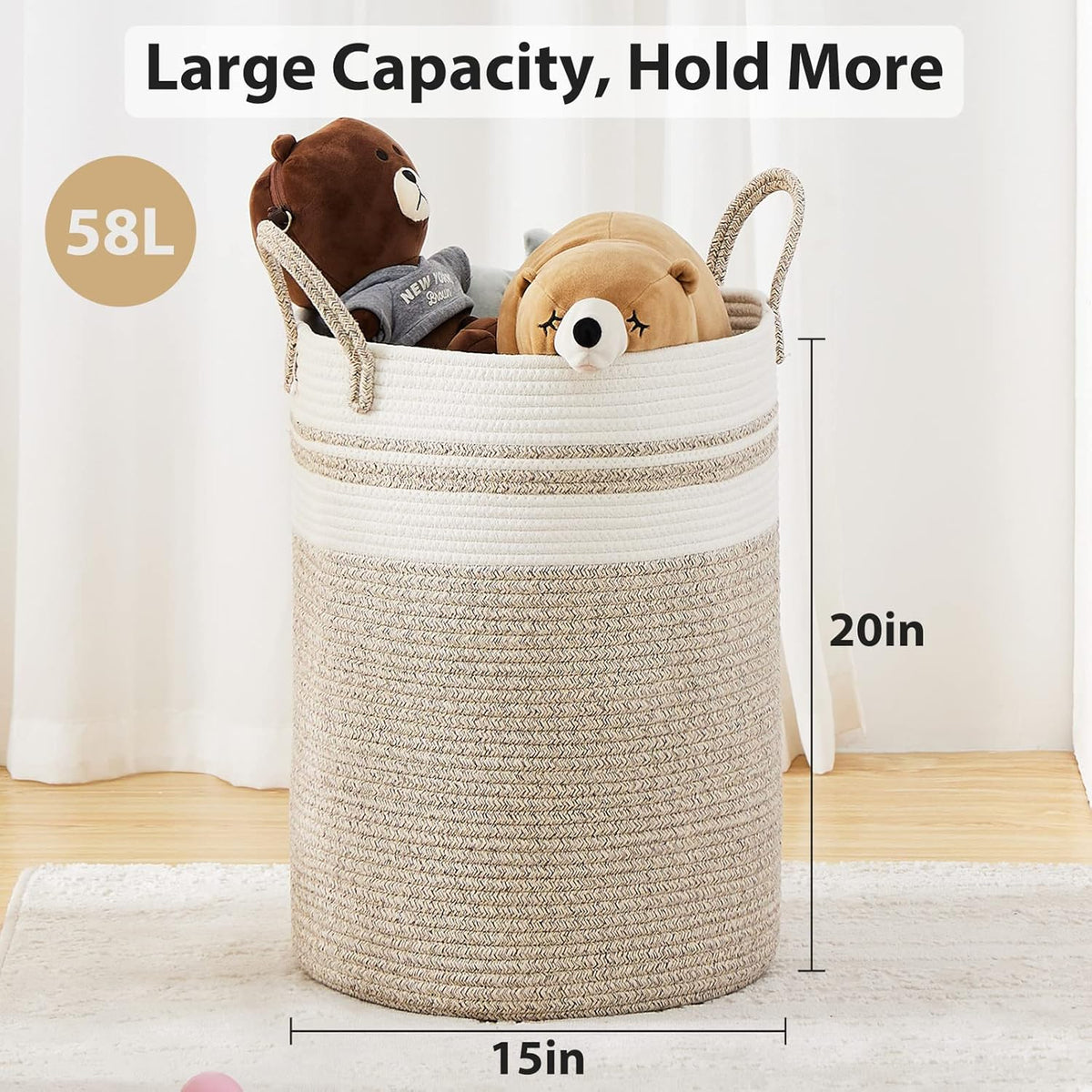 Large Laundry Hamper, Tall Woven Storage Basket for Blankets, Cotton Baby Nursery Hamper, Toys and