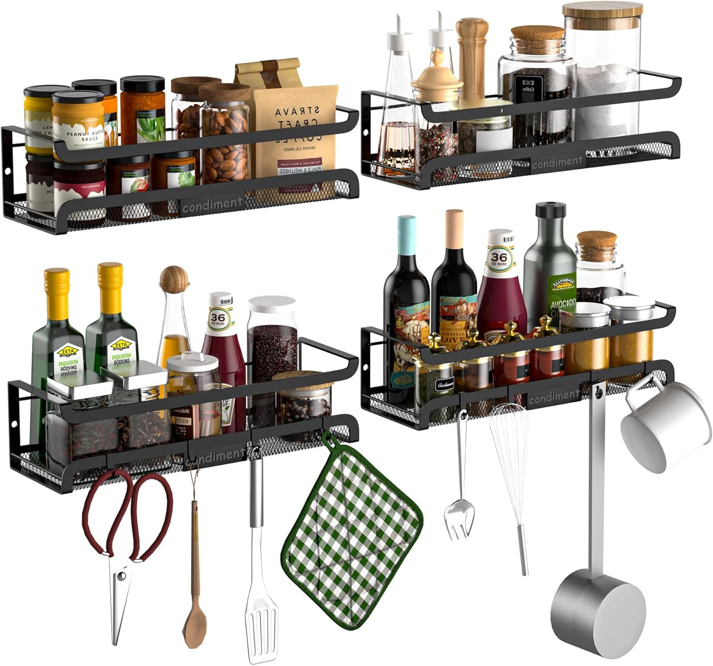 Spice Rack Wall Mount with Hooks - Spice Racks Organizer for Cabinet Storage, Wall Mounted Hanging