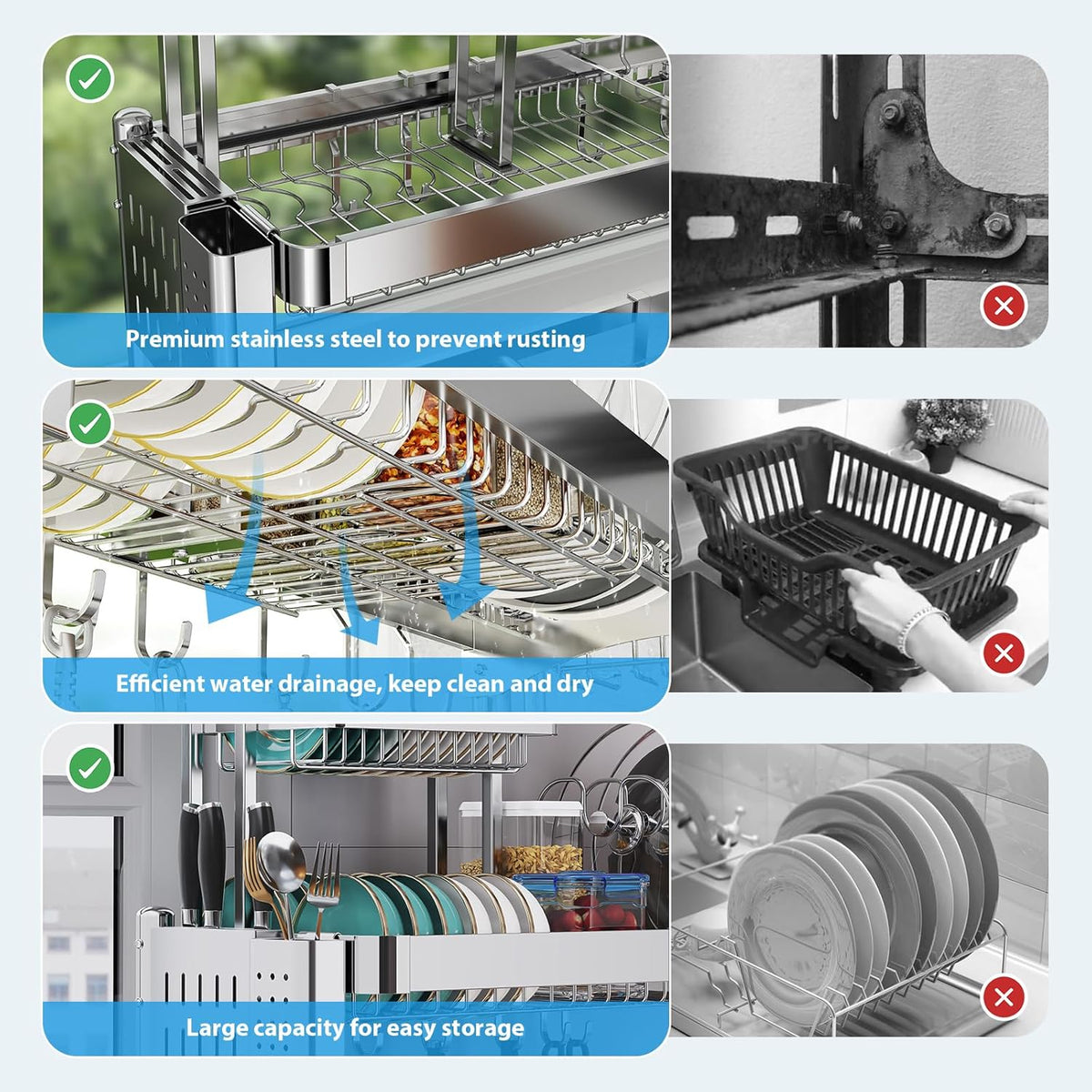 Over Sink Dish Drying Rack, Upgrade 2.5-Tier 304 Stainless Steel Dish Rack Adjustable Length with