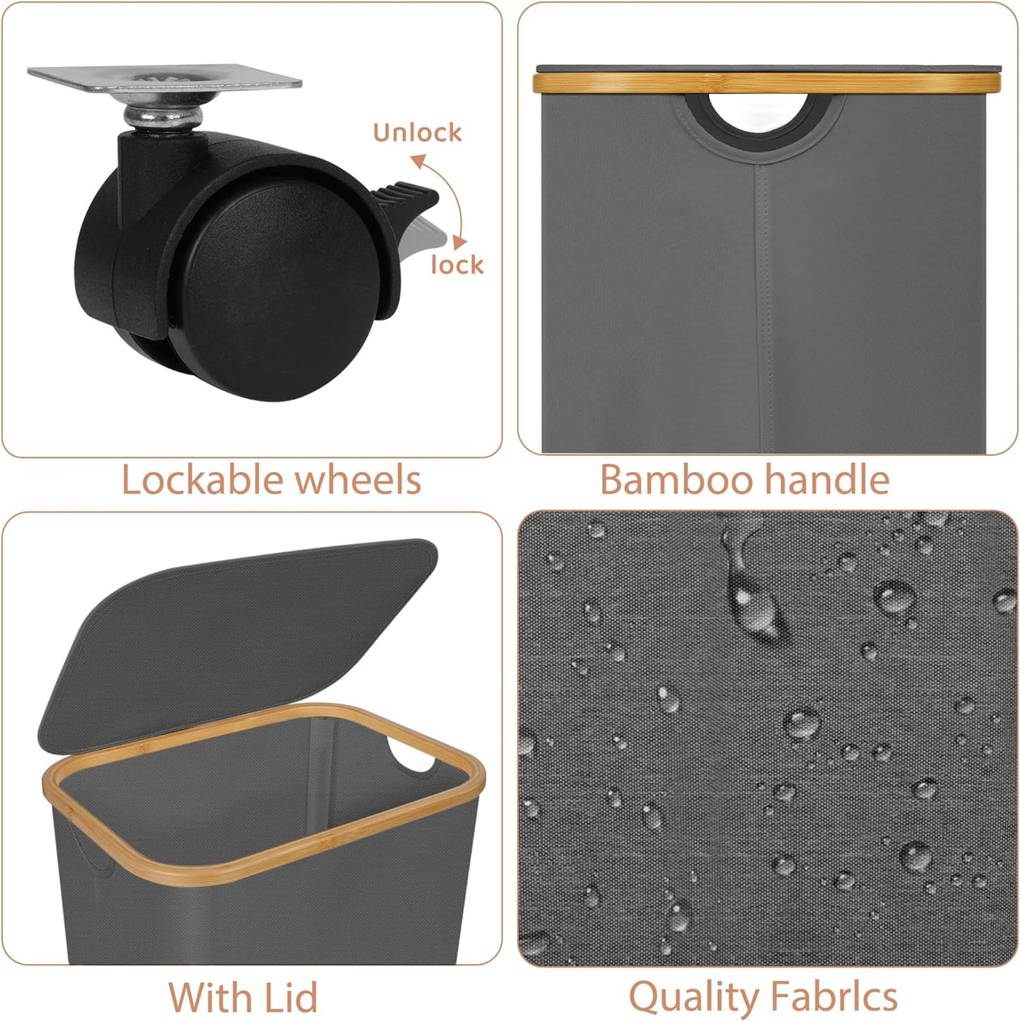 Laundry Basket with Wheels,100L Hampers for Laundry,Large Laundry Hamper with Lid and Bamboo