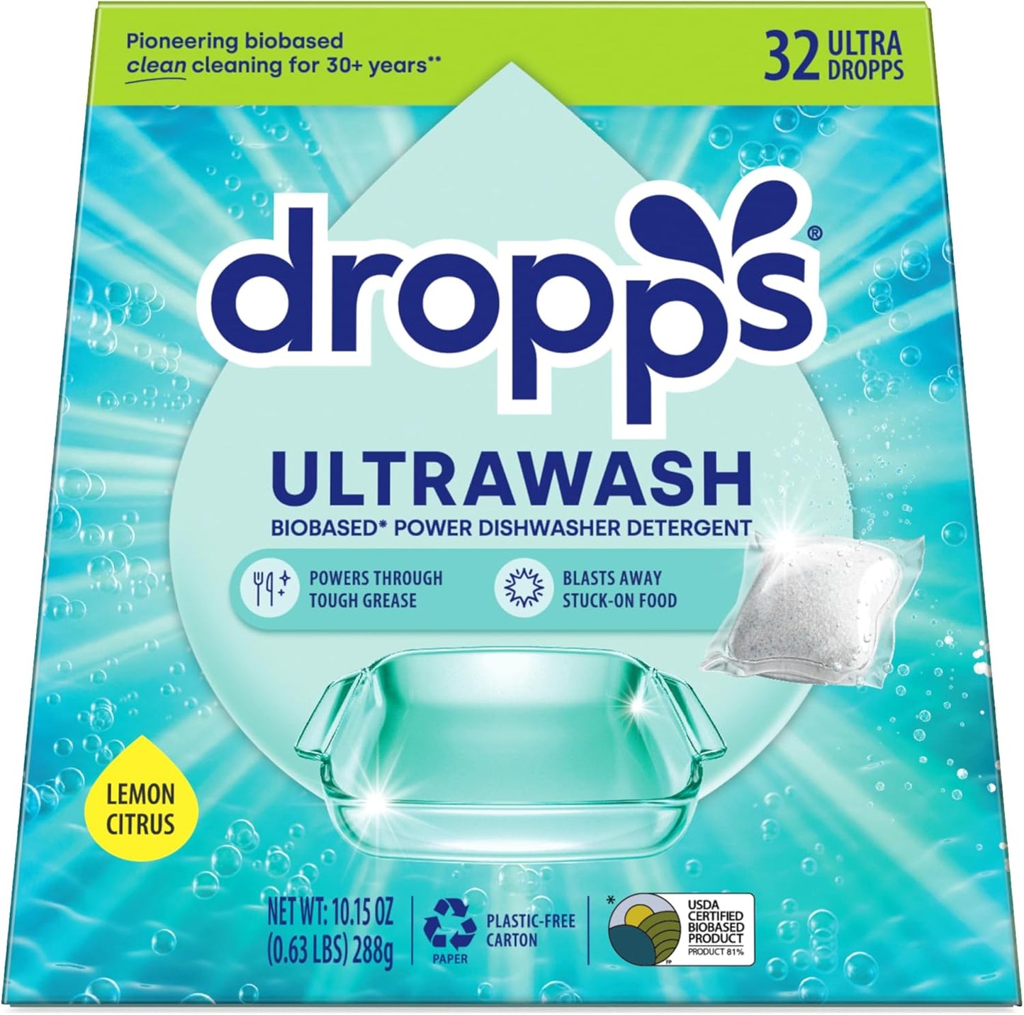 Dropps UltraWash Dishwasher Pods, Lemon Citrus (32 Count) - Biobased Power Deep Clean Dishwasher