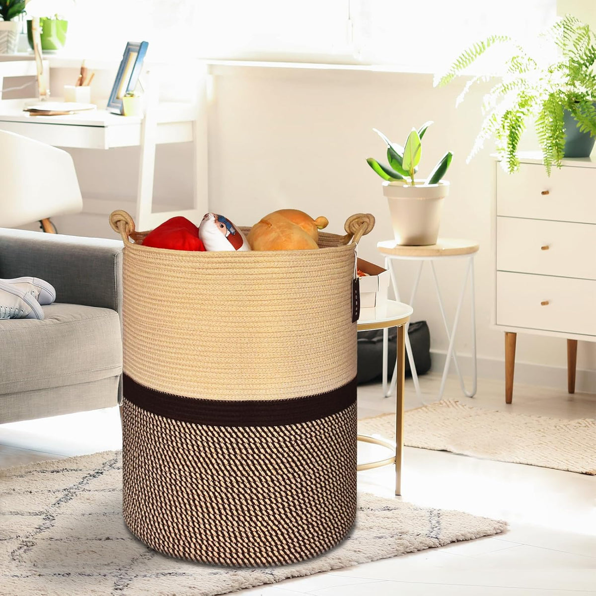 COMSE Extra Large Blanket Basket, Tall Woven Storage Basket, Nursery Hamper, 15.7”x 21.7”, Cotton