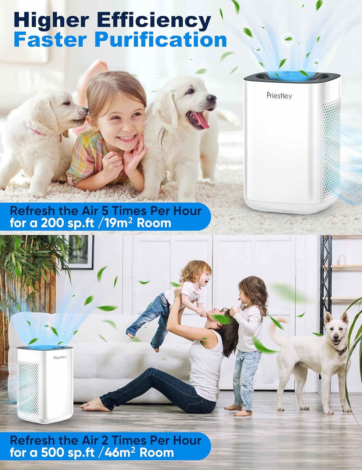 Priestley Air Purifier for Bedroom, Home, Dorm Up to 1100Ft², Smart WiFi Air Purifiers, 3-in-1 Air