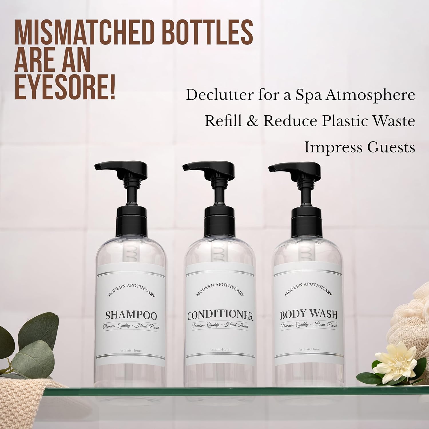 Clear Refillable Shampoo and Conditioner Bottles - Body Wash, Shampoo and Conditioner Dispenser