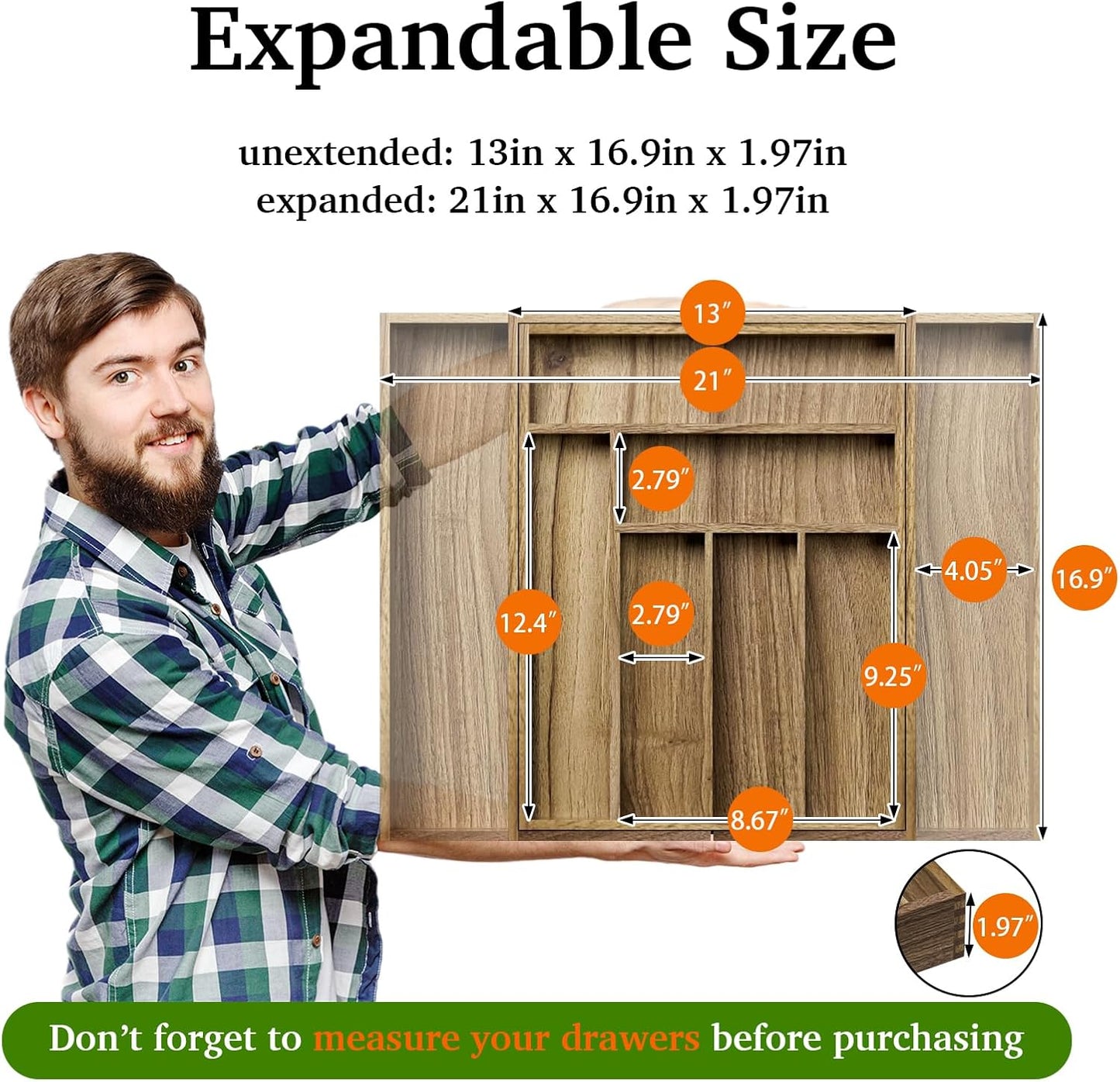 Acacia Wood Kitchen Silverware Drawer Organizer, Expandable Utensil Cutlery Drawer Organizer with