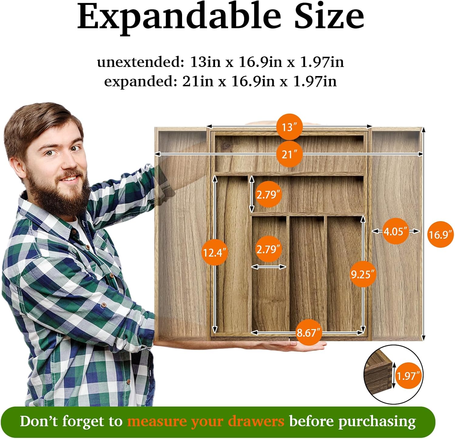 Acacia Wood Kitchen Silverware Drawer Organizer, Expandable Utensil Cutlery Drawer Organizer with