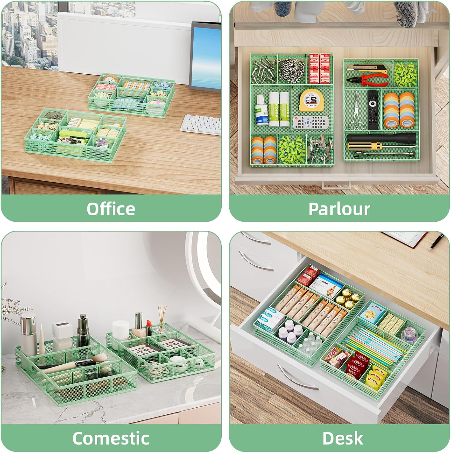Marbrasse 2 Pack Desk Drawer Organizer, Mesh Drawer Organizer Tray with 8 Adjustable Compartments