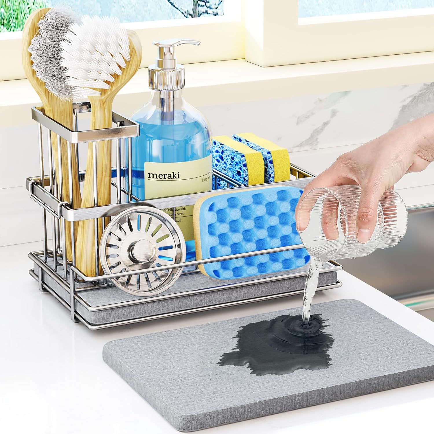 HapiRm Sink Caddy Sponge Holder - Kitchen Sink Organizer with Instant Drying Stone and Brush