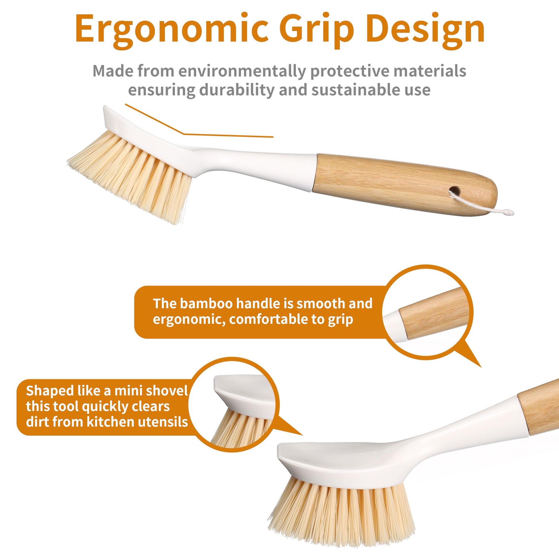 2 Pack Kitchen Dish Brush Bamboo Handle Dish Scrubber Built-in Scraper