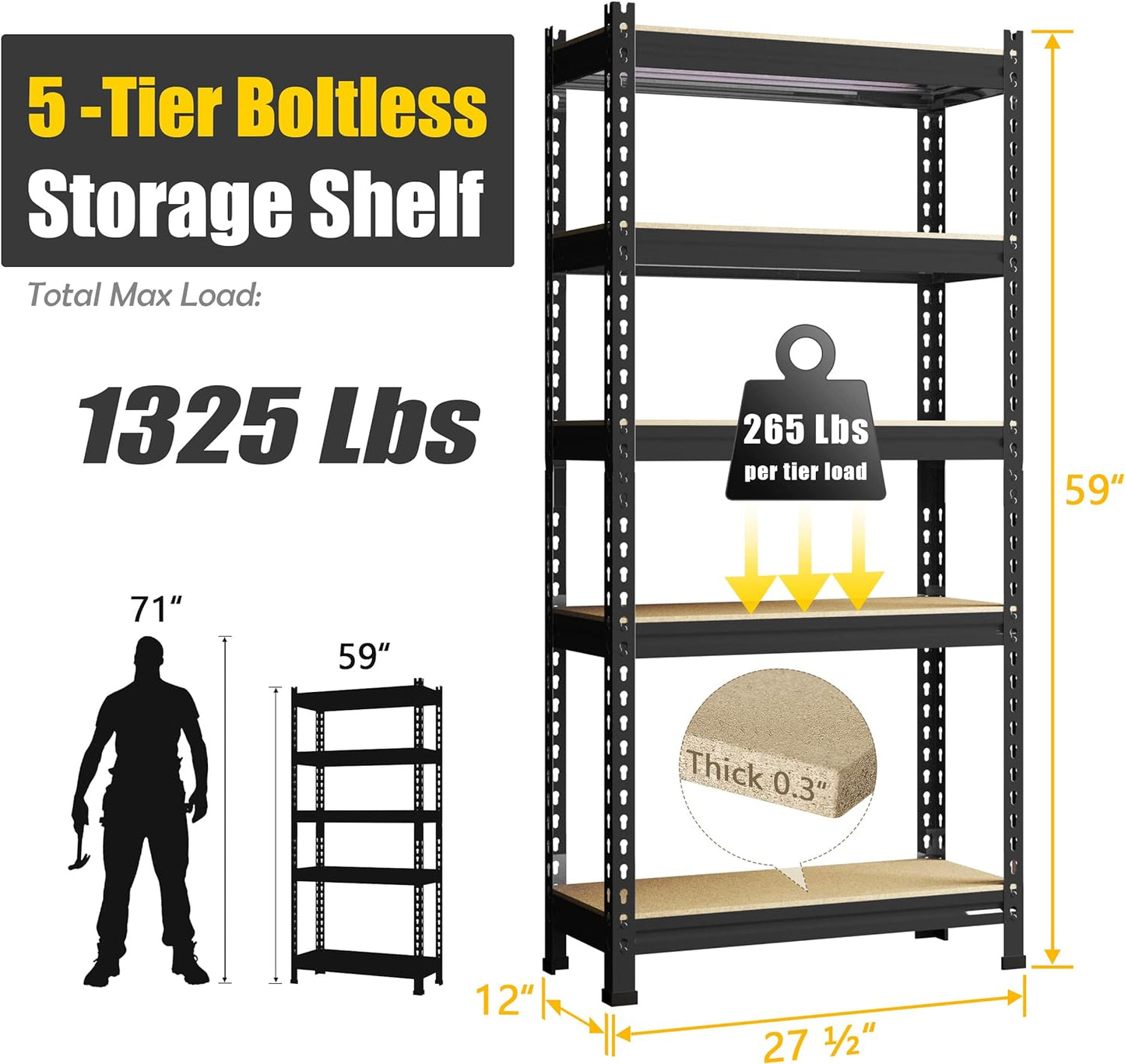 PrimeZone Storage Shelves 2 Pack 5 -Tier Heavy Duty Shelf, 1325 lbs /Pack Capacity Adjustable Metal