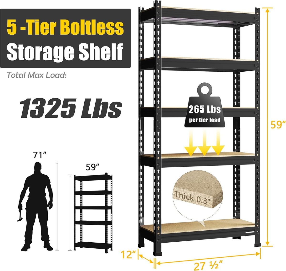 PrimeZone Storage Shelves 5 Tier Adjustable Garage Storage Shelving, Heavy Duty Metal Storage
