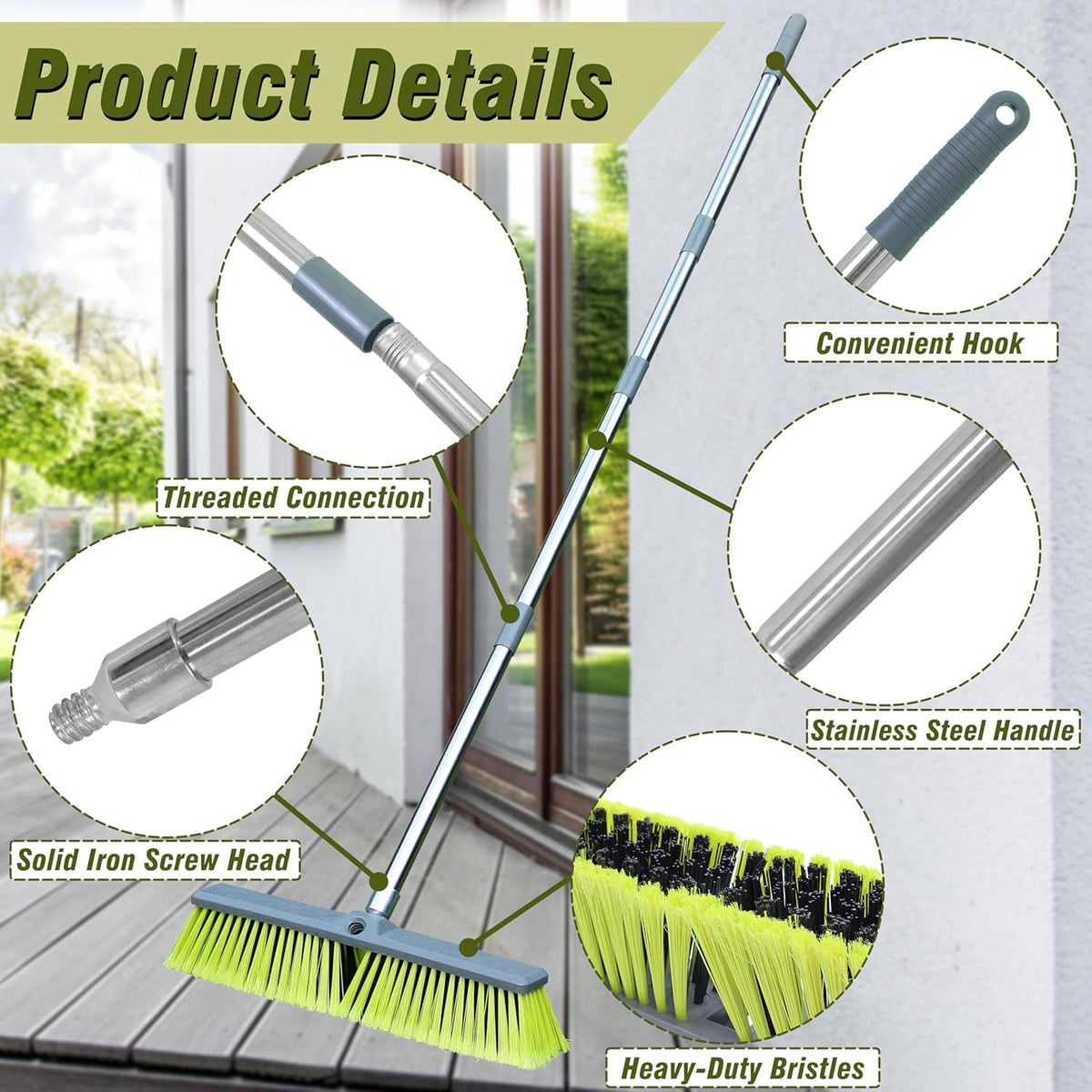 PHYEX Upgraded 18" Push Broom with Adjustable Long Handle, Total Length is 55", Multi-Surface Floor