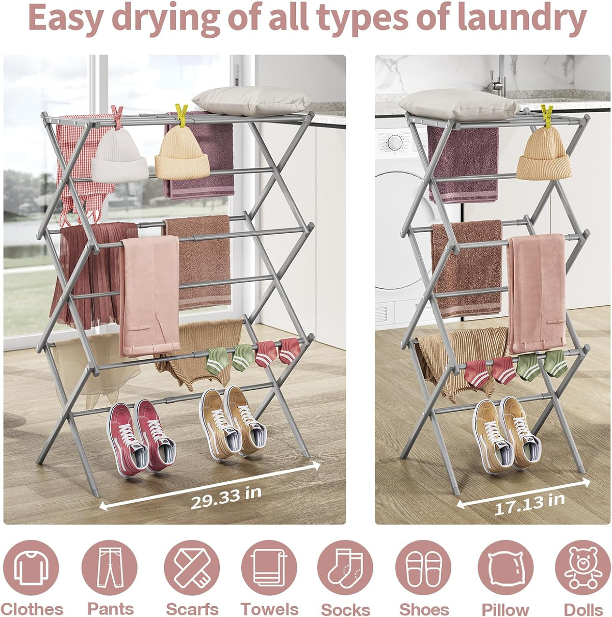 APEXCHASER Clothes Drying Rack, 3-Tier Laundry Drying Rack for Clothes, Expandable Metal Clothing