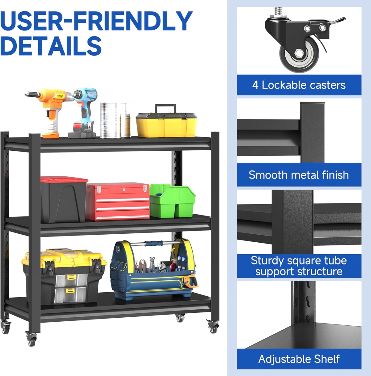 3 Tier Adjustable Garage Storage Shelving,Heavy Duty Utility Rack Shelf Unit on 4 Wheel