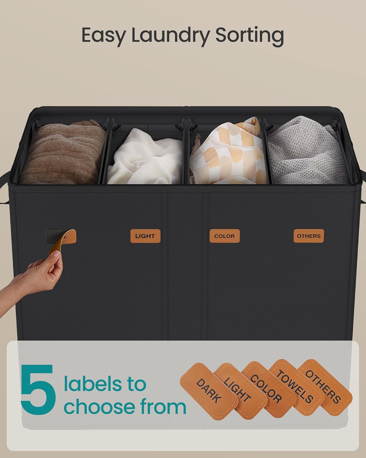 SONGMICS 55.4 Gallon (210 L) Laundry Hamper, 4-Compartment Laundry Basket Sorter with Lid, Labels