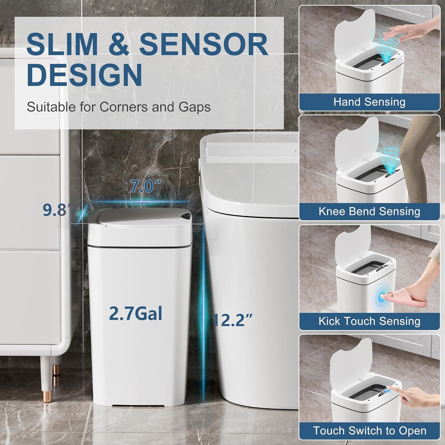 2 Pack 2.7 Gal Bathroom Trash Can with Lid, Automatic Trash Can Small Smart Garbage Can Touchless