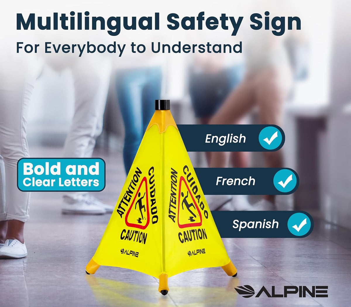 Alpine Caution Wet Floor Sign 3 Pack - Pop Up Slippery When Wet Sign, Wall Mounted Foldable