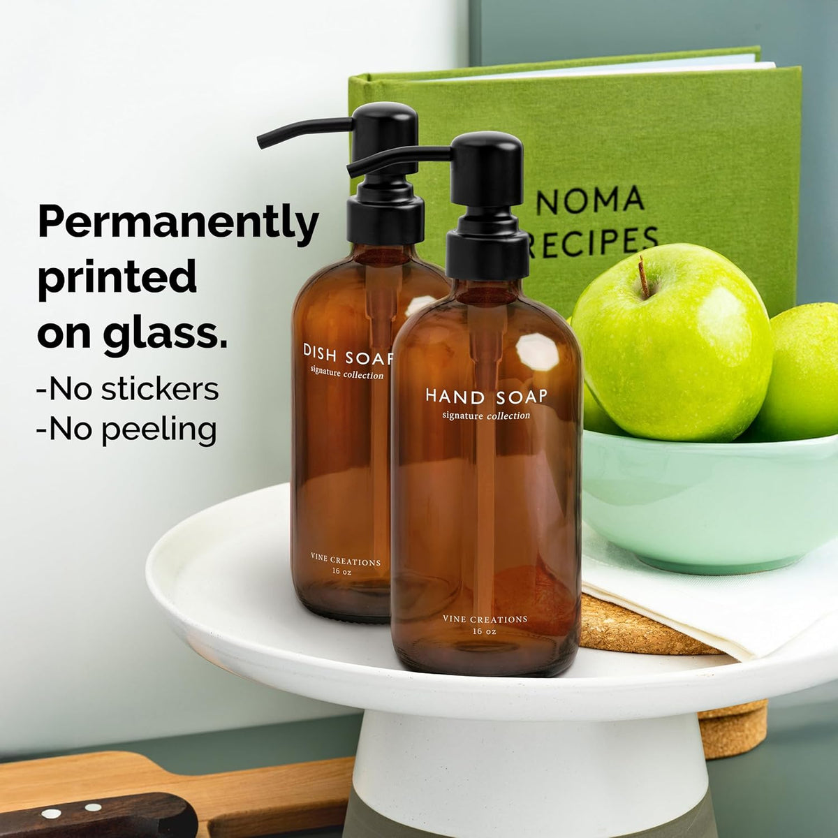Vine Creations Amber Glass Soap Dispenser Set, Dish Soap and Hand Soap Dispenser Set with Stainless