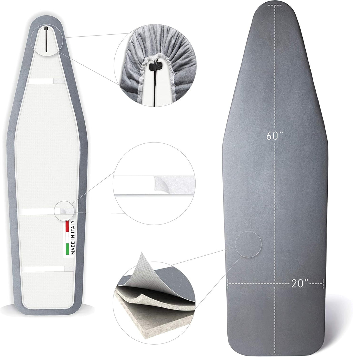 TIVIT Ironing Board Cover 20 x 60, Made in Italy. Pro Grip Pad Covers w/3 Fastener Straps & Pull