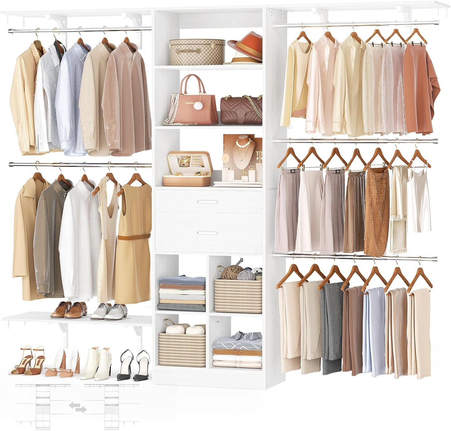 Closet System - 4.75-8FT Closet Organizer System with Wooden Drawers & Cube Storage Organizer, Up