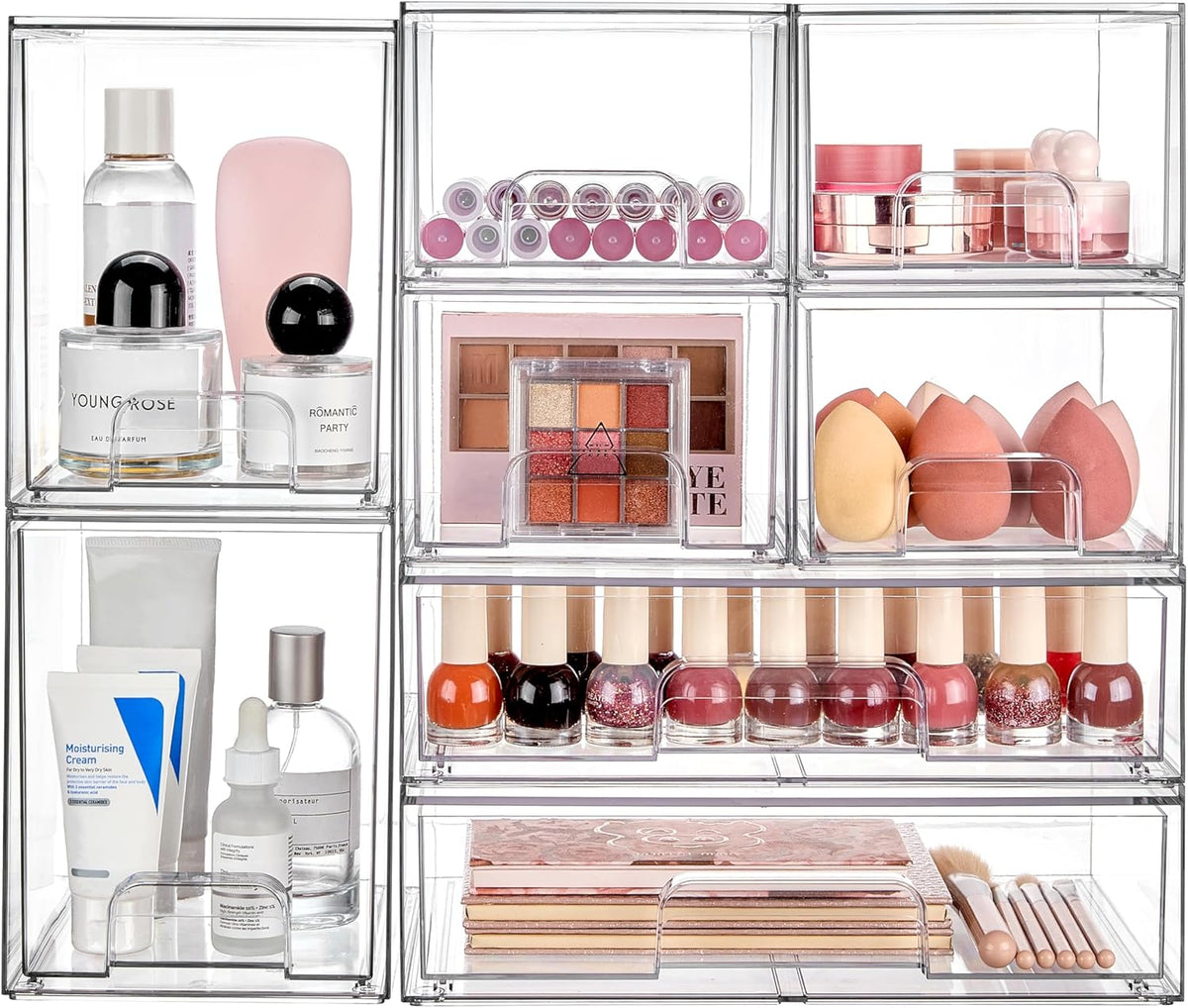 Vtopmart Stackable Storage Drawers Set of 8, Clear Plastic Organizer Bins for Bathroom