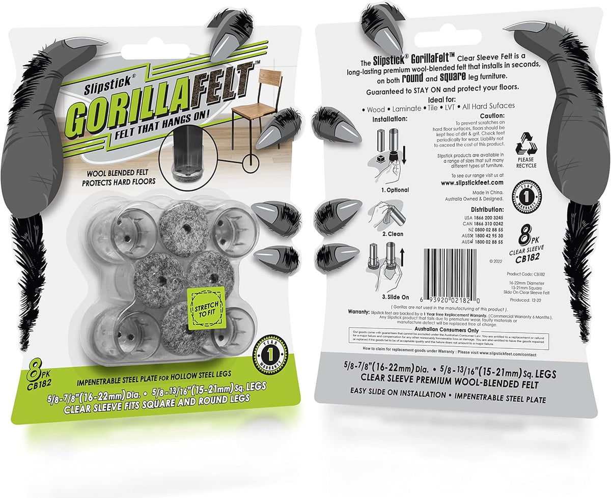 Slipstick GorillaFelt Chair Leg Floor Protectors for Hardwood Floors, Clear Sleeve Felt Pads for