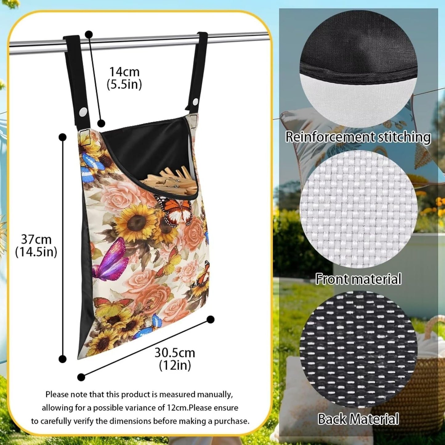 Butterfly Clothespin Bag with Hanging Sunflowers Rose Hook Waterproof Clothes Pin Hanging Bag