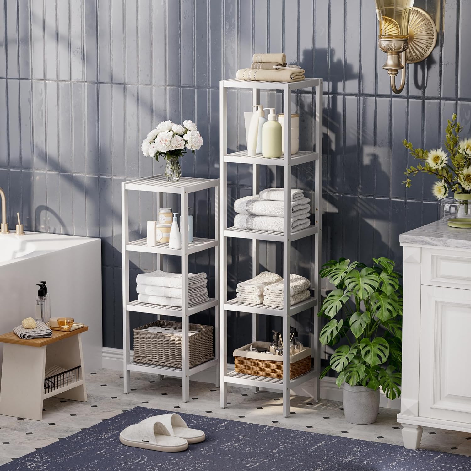 SMIBUY Bathroom Storage Shelf, 5-Tier Bamboo Rack Organizer, Multifunctional Shelving Unit for