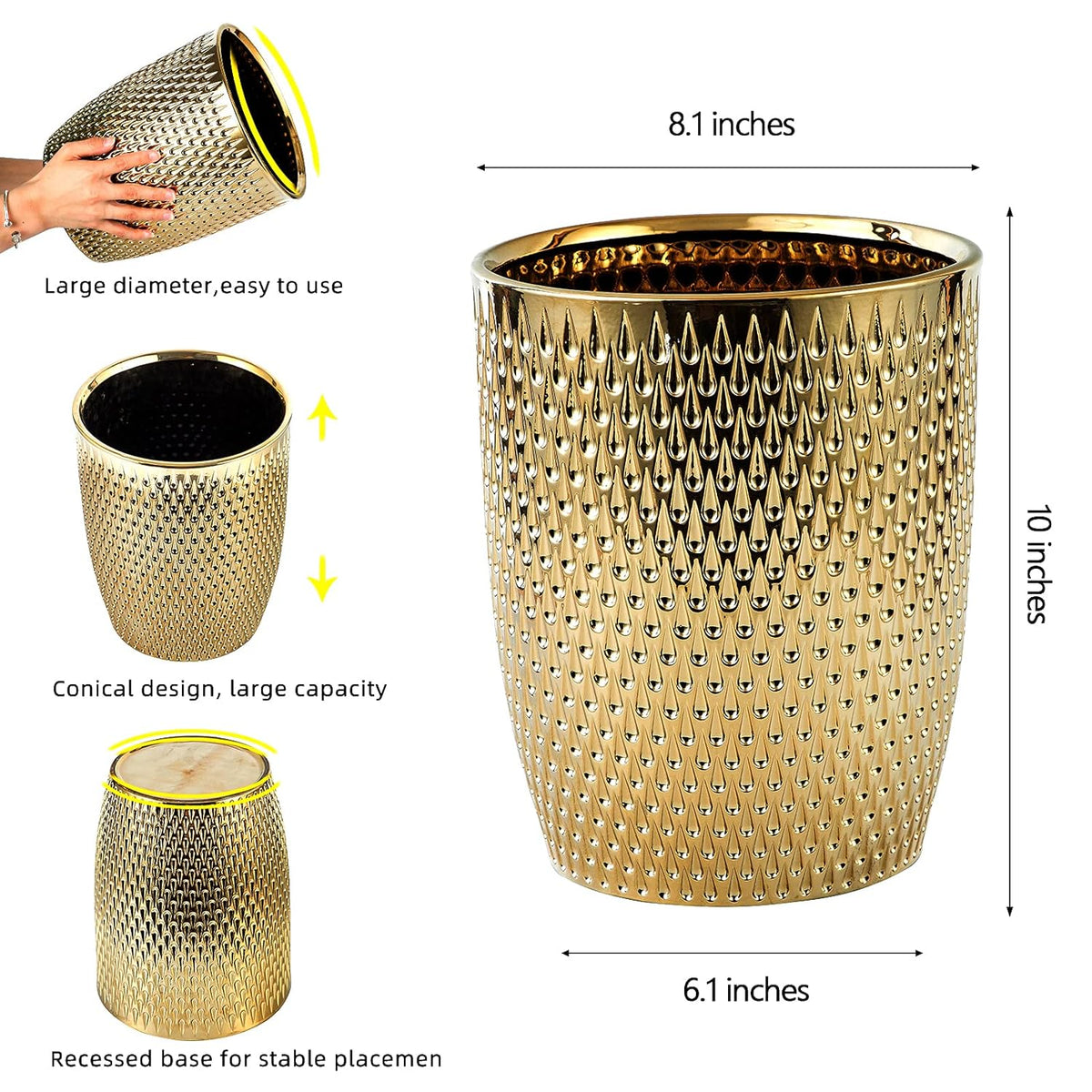 Modern Golden Small Trash Can Wastebasket, Garbage Container Bin for Bathrooms, Powder Rooms