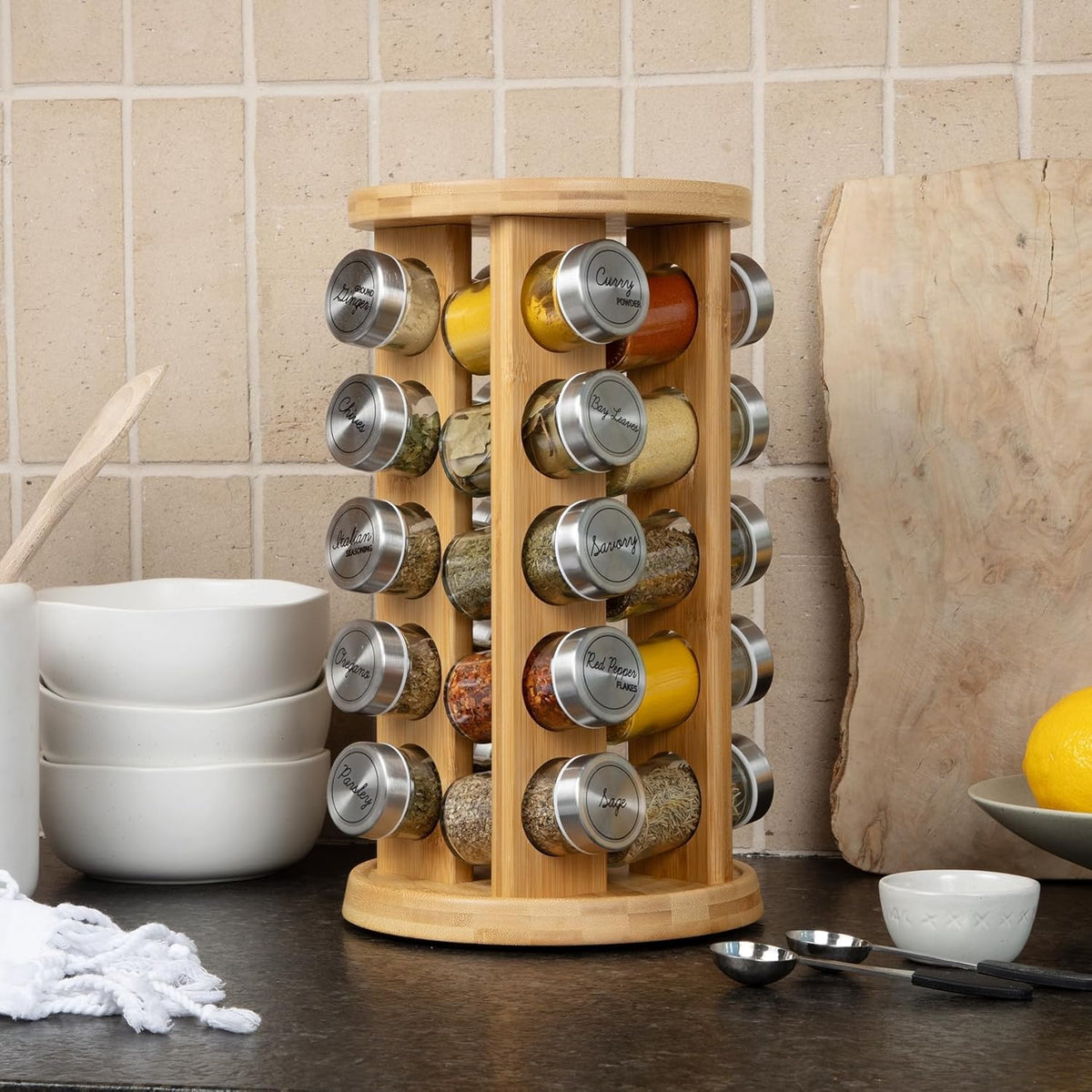 Orii 20 Jar Bamboo Spice Rack with Spices Included - Rotating Tower Organizer for Kitchen Spices