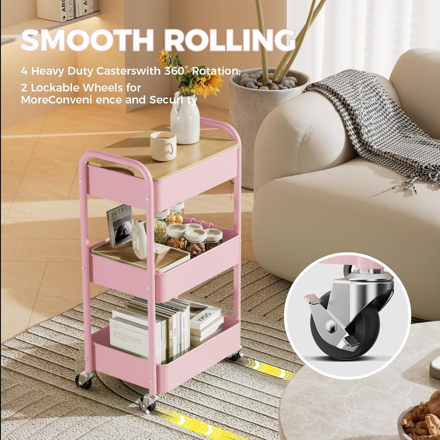 3 Tier Rolling Cart with Table top, Metal Rolling Utility Cart, Sturdy Storage Organizer Cart with