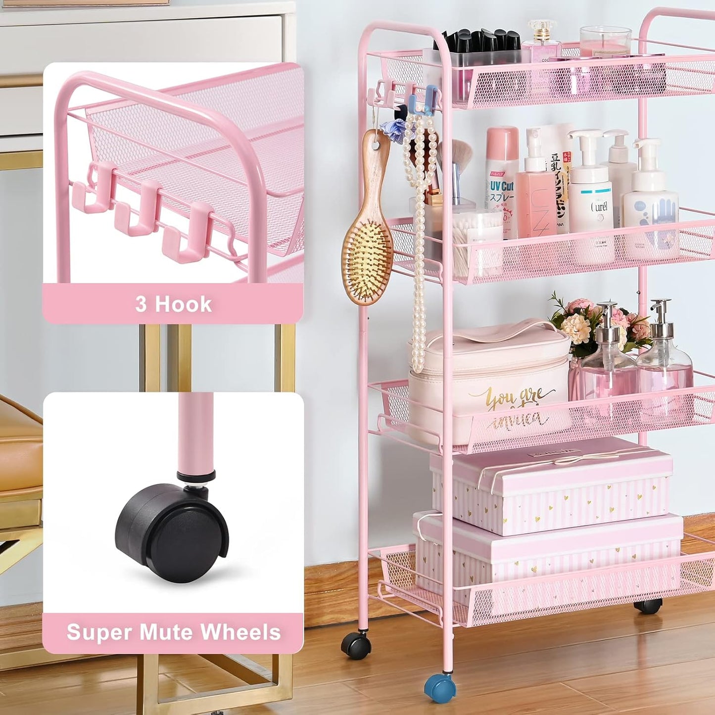 TOOLF 4 Tier Rolling Utility Cart - Durable Metal Design Pink Utility Cart, Storage Trolley on