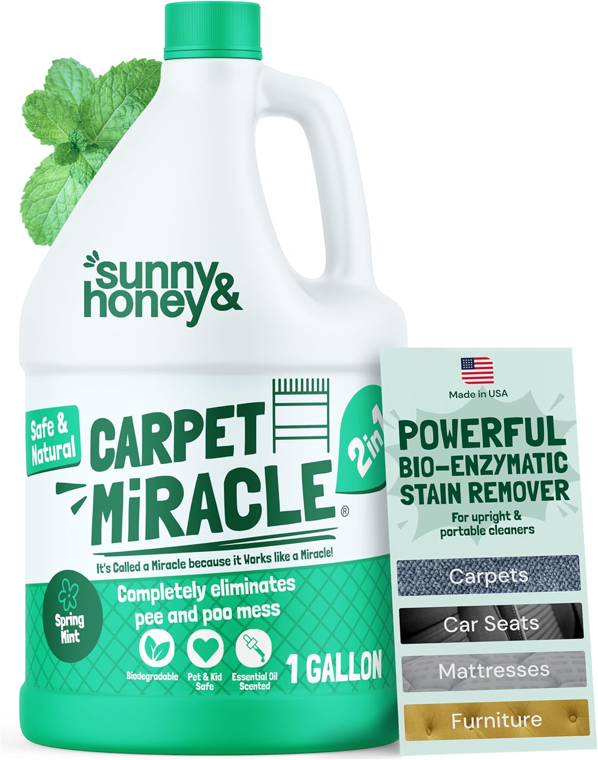 Sunny & Honey Carpet Cleaner Solution - 128 Fl Oz, Spring Mint Scent - Carpet Shampoo & Pet Stain