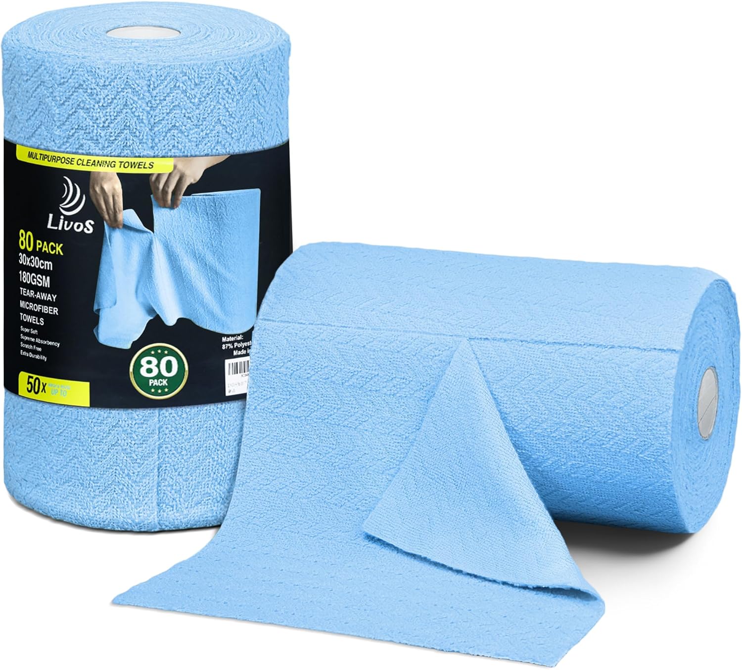 LIVOS Microfiber Cleaning Cloth Roll - 80 Pack, Reusable Paper Towels, Microfiber Towels for Cars