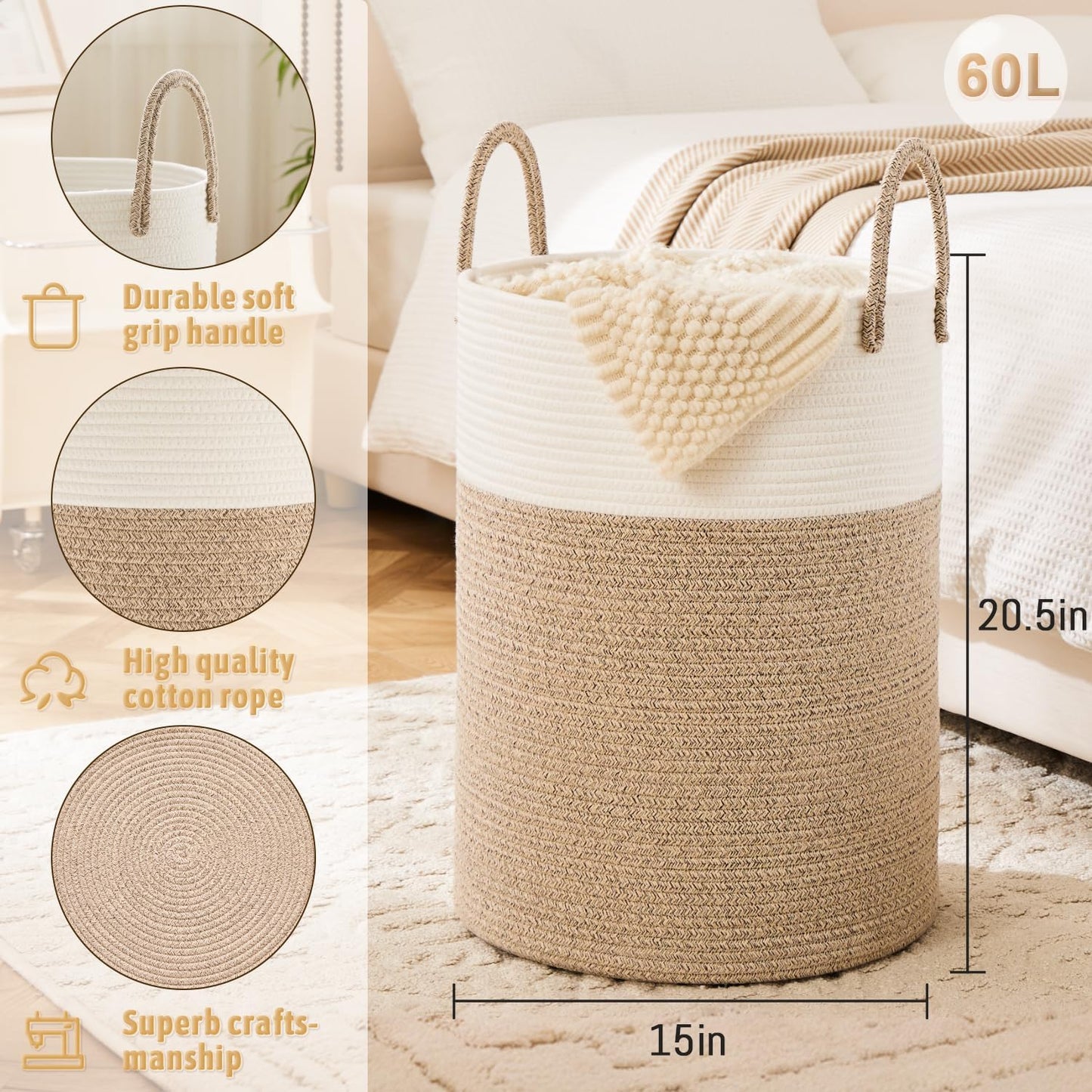Laundry Basket,Woven Cotton Rope Laundry Hamper,60L for Decor Storage of Dirty Clothes,Toys and