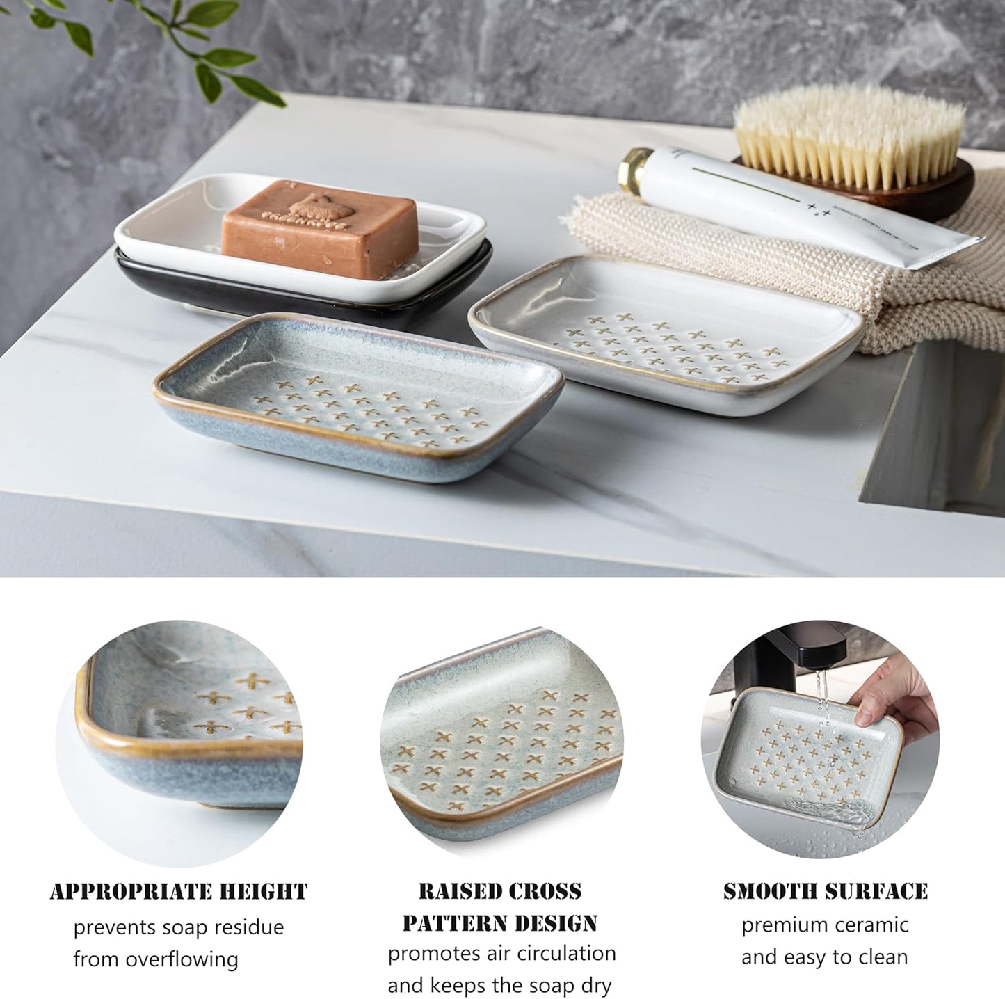 Gomakren Soap Dish, Shower Soap Holder, Ceramic Soap Dishes for Bar Soap Sponge Shampoo, Soap Saver