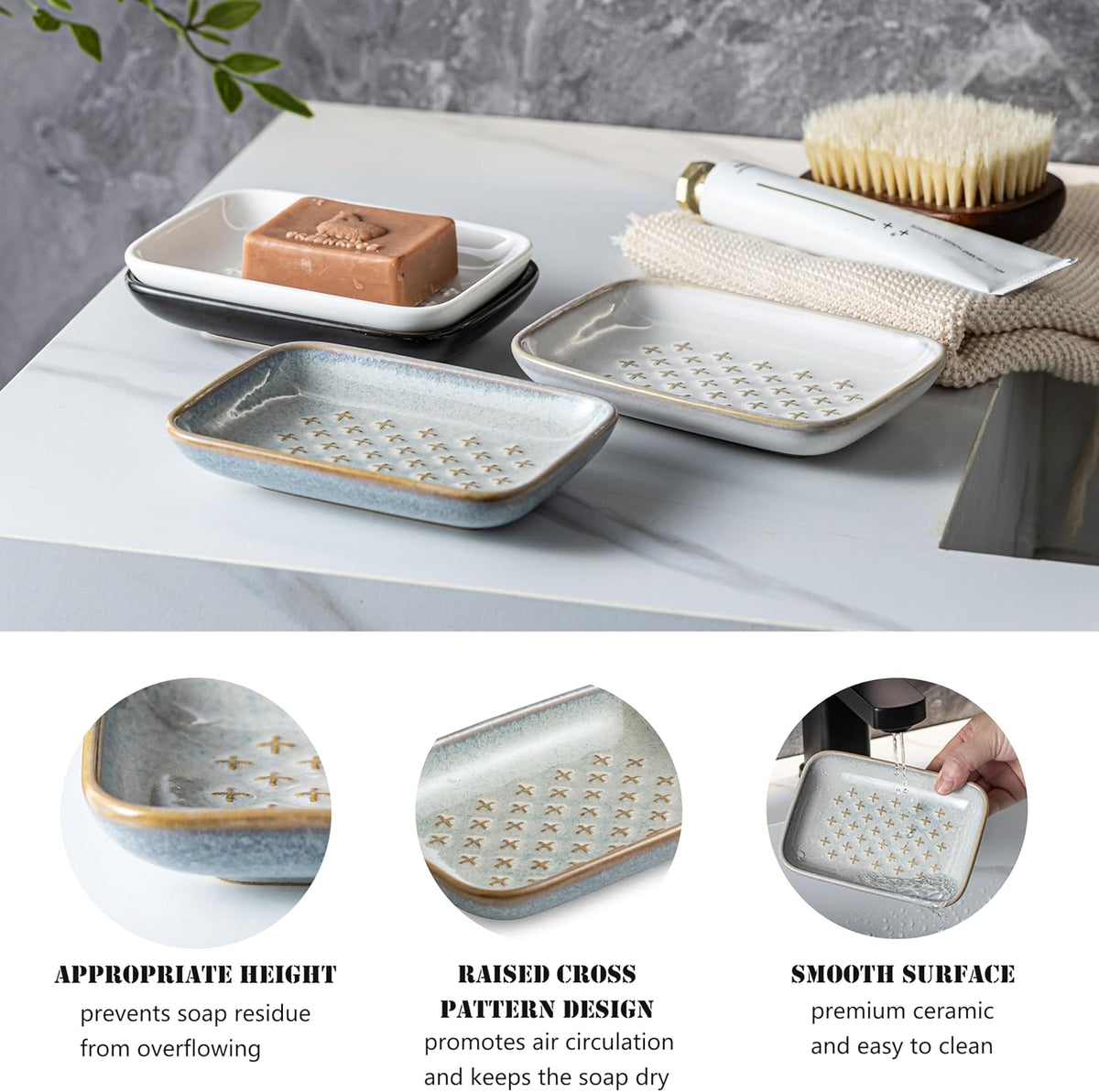 Gomakren Soap Dish, Shower Soap Holder, Ceramic Soap Dishes for Bar Soap Sponge Shampoo, Soap Saver