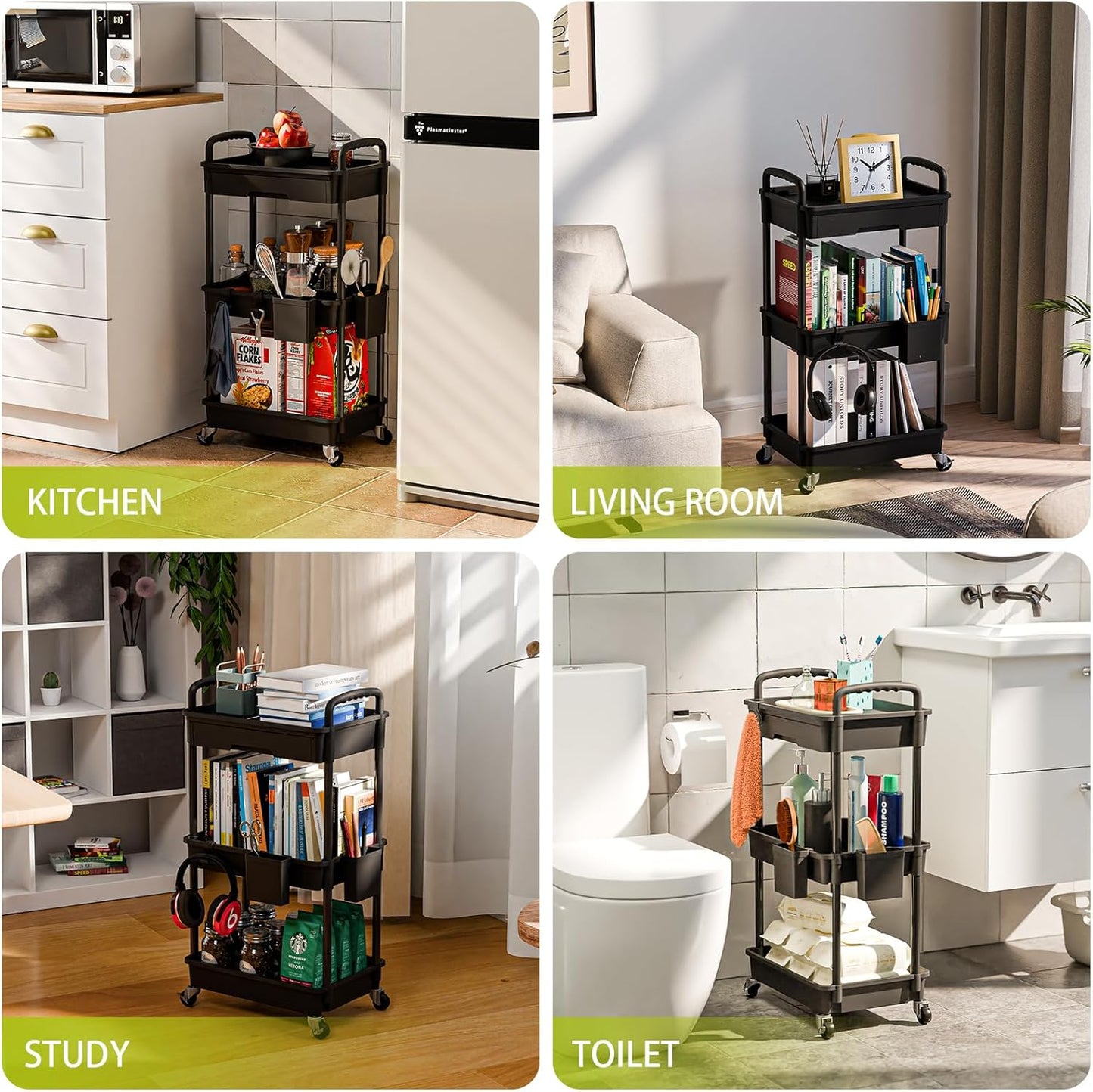 3 Tier Rolling Cart Organizer,Laundry Room Bathroom Organizers and Storage Office Shelves Mobile