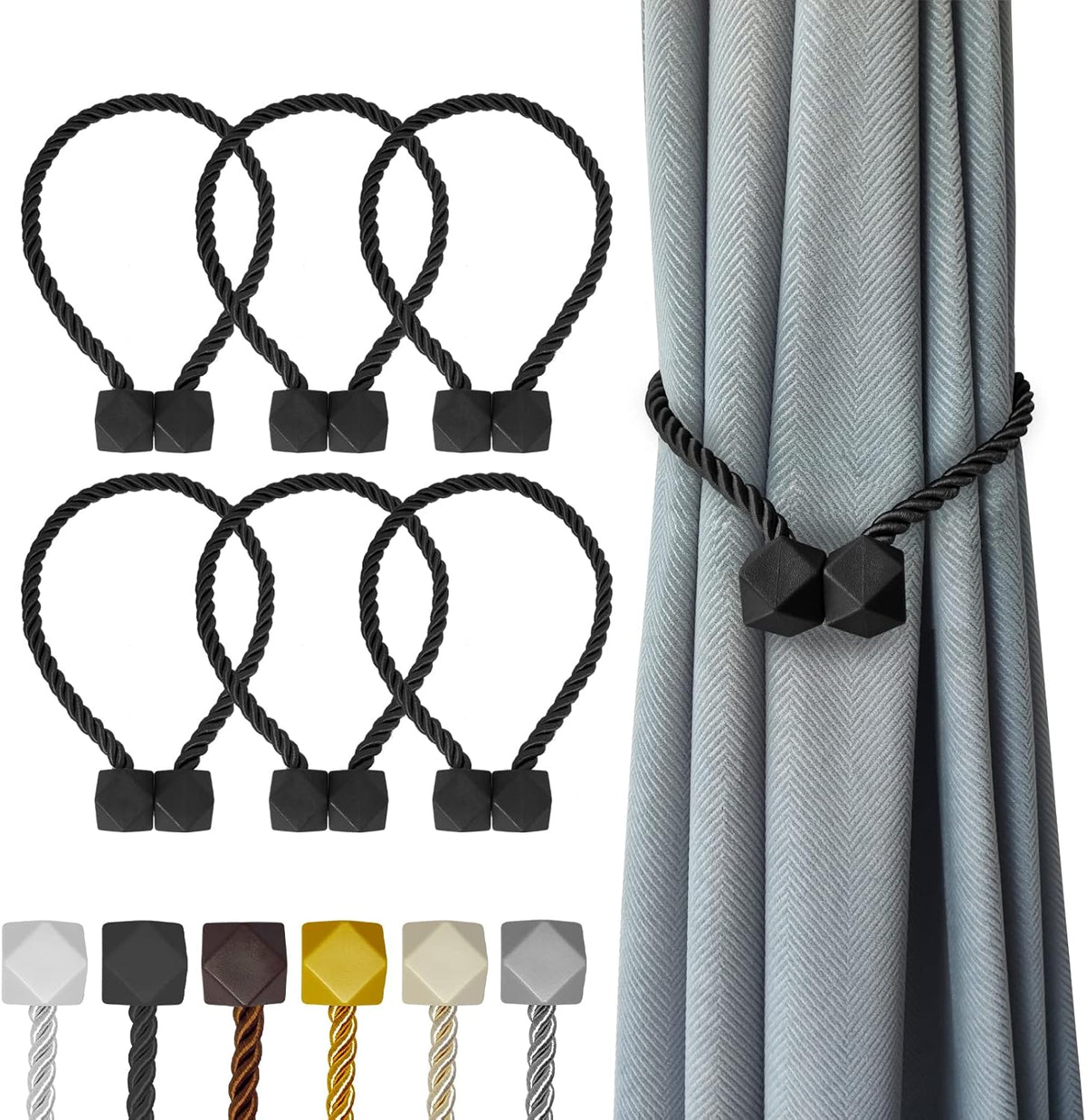 Hion Magnetic Curtain Tiebacks Black 6 Pack, Curtain Tiebacks Buckles Holdbacks Holders Hooks Clip