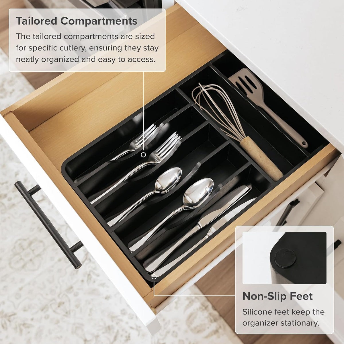 KitchenEdge Silverware Organizer - Cutlery, Flatware, and Utensil Holder for Kitchen Drawers, Fixed